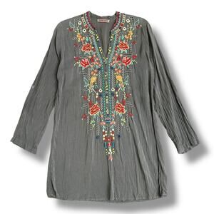 Johnny Was Women’s‎ Tunic Top Small Slate Gray Embroidered Floral Boho Blouse